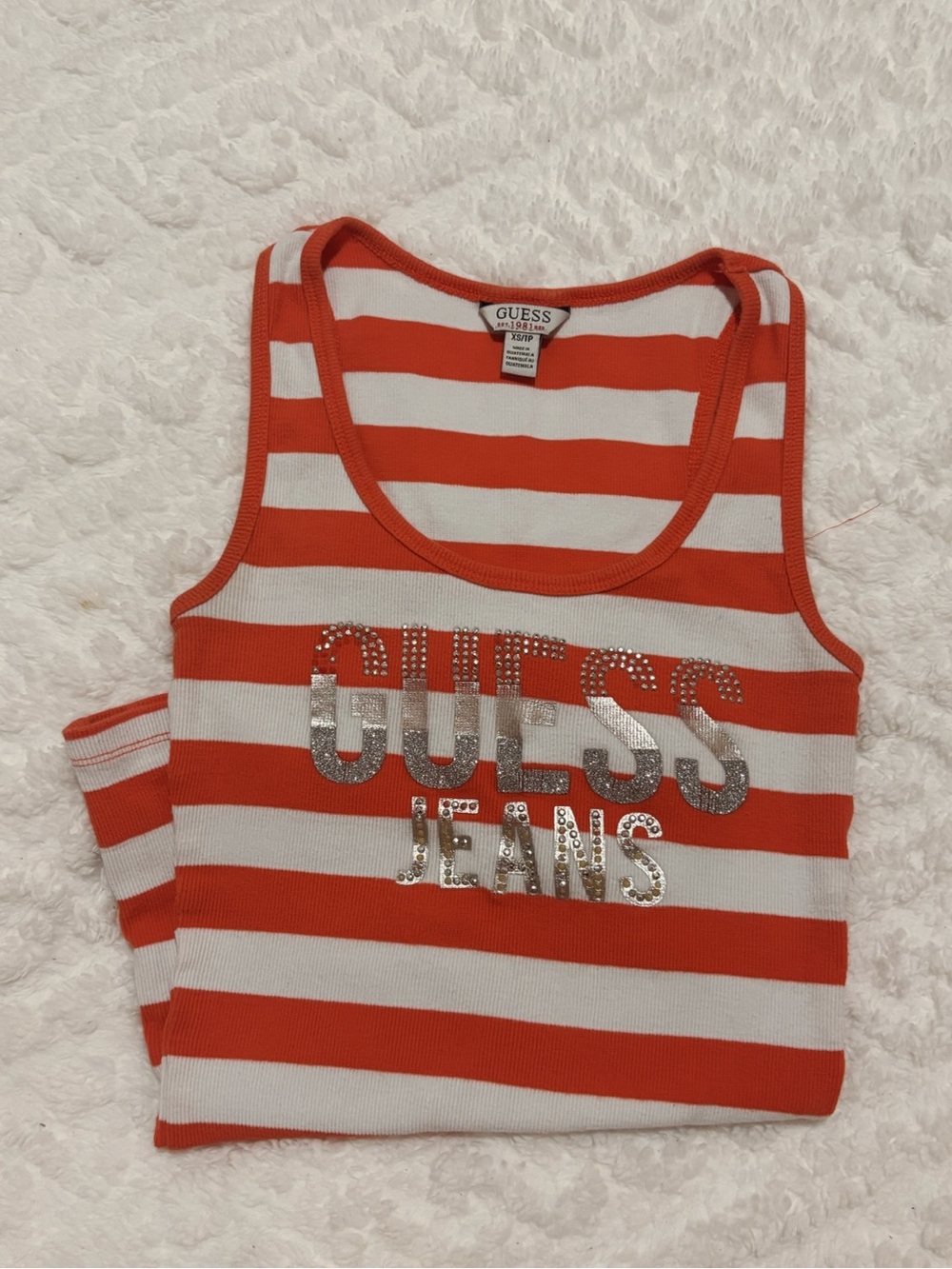 GUESS Vintage Orange & White Stripe Tank Top with Logo Rhinestones